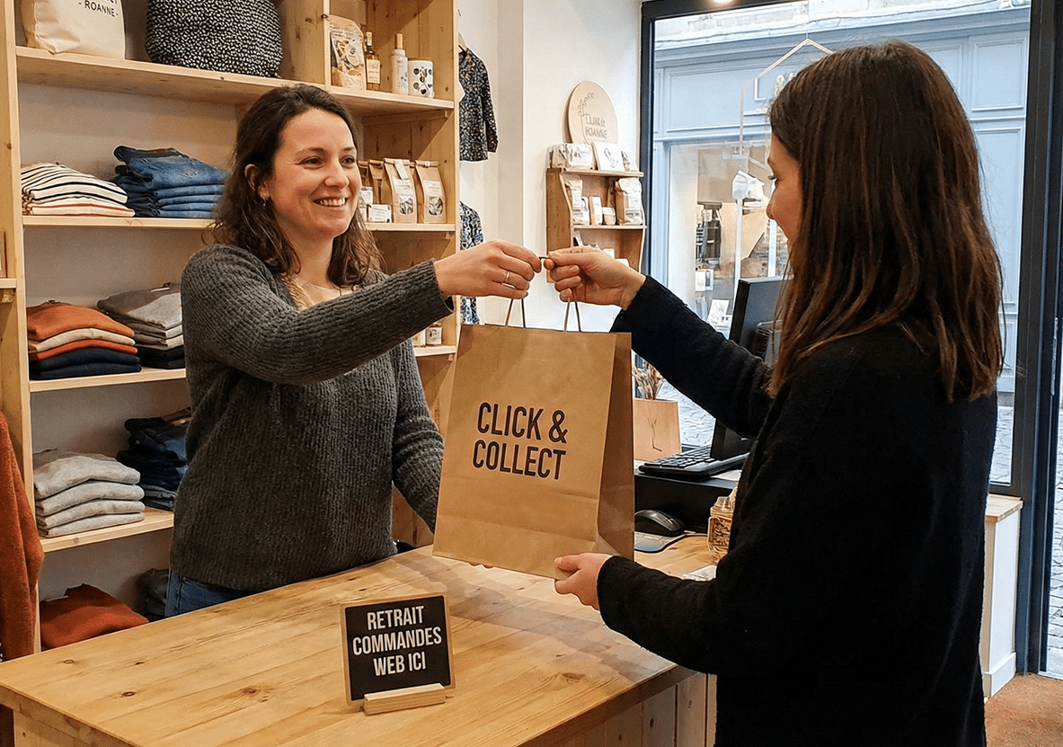 Cliente récupérant une commande click and collect dans une boutique à Roanne